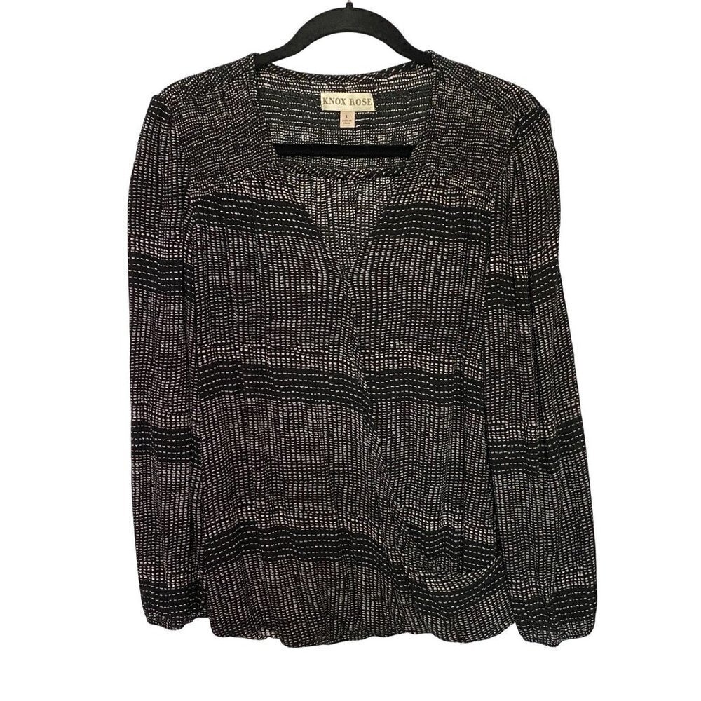 Knox Rose Black and White Long Sleeves Boho Wrap Blouse with Elastic Hem Size La